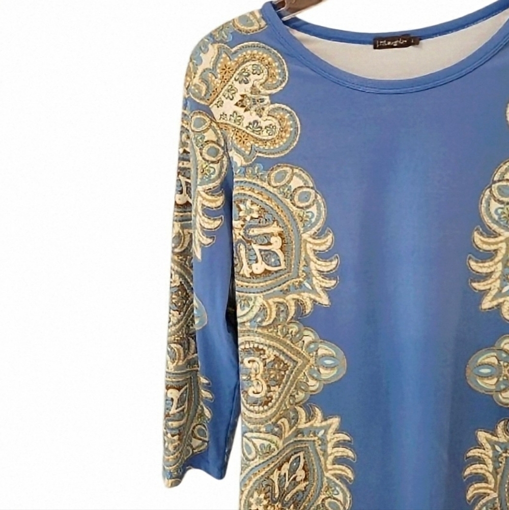 J.Mclaughlin Catalina Cloth 3/4 Sleeve Paisley Scroll, Floral Blue & Cream - Picture 2 of 7